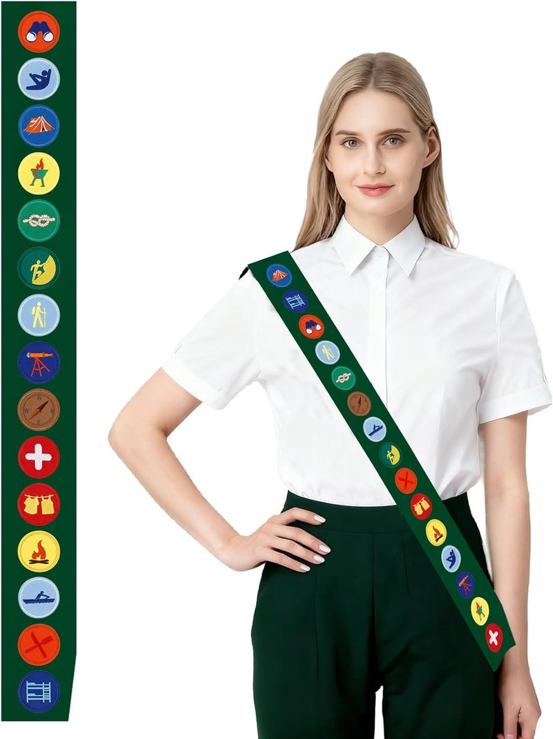 Hisxierng 18PCS Halloween Girl Scout Costume Set with Green Beret Hats for Women Scarf for Women Satin Sash Embroidered Scout Patch Badge for DIY Explorer Costume Party Dress Up Wildness Outdoor Exploring - Image 1